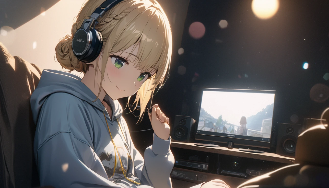 one girl, blonde short hair and bob hair、a braid, I tied my hair in a bun with a hair clip..、smile、beautiful green eyes, gentle smile on her face、flat chest, one Beautiful girl,((masterpiece, illustration, best quality) ((ultra-detailed)), sitting, listening to music, One woman, wearing headphones, wearing a hoodie in living room, 濃い青とBeautiful Blueのグラデーション, High resolution, 8K HD detail, hyper-detail, cinematic, surrealism, soft light, deep field focus bokeh, ray tracing and surrealism. --v6
