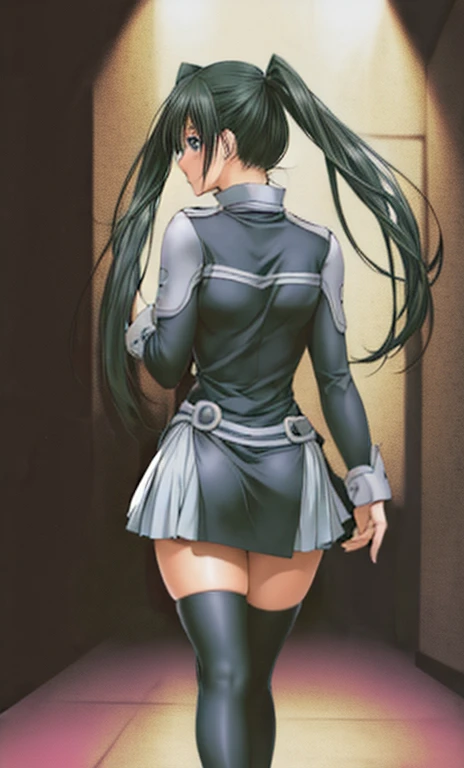 Lenalee, with her long, beautiful legs and twin tails, is walking down a dimly lit hallway in a miniskirt uniform and black knee socks.。Angle from behind。