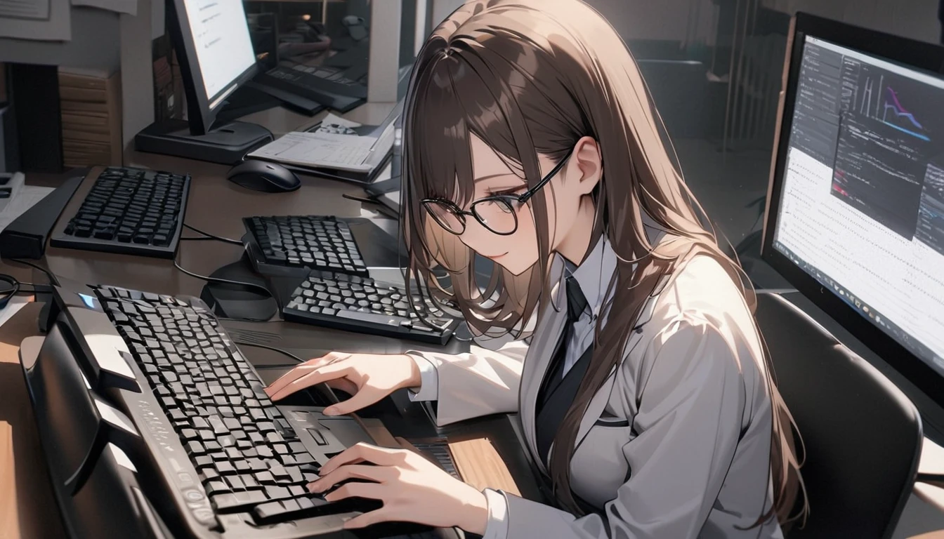 パソコンで仕事をするProfessionalグラマー,Portraiture,Professional,Wearing a smart suit,Stylish glasses,Typing on a sophisticated computer,Use a wireless mouse,Sitting at a modern desk,A soft smile,Soft natural light,High resolution,High resolution,Very detailed.One Woman ,alone, Dark brown hair ,Undistorted keyboard, focusing