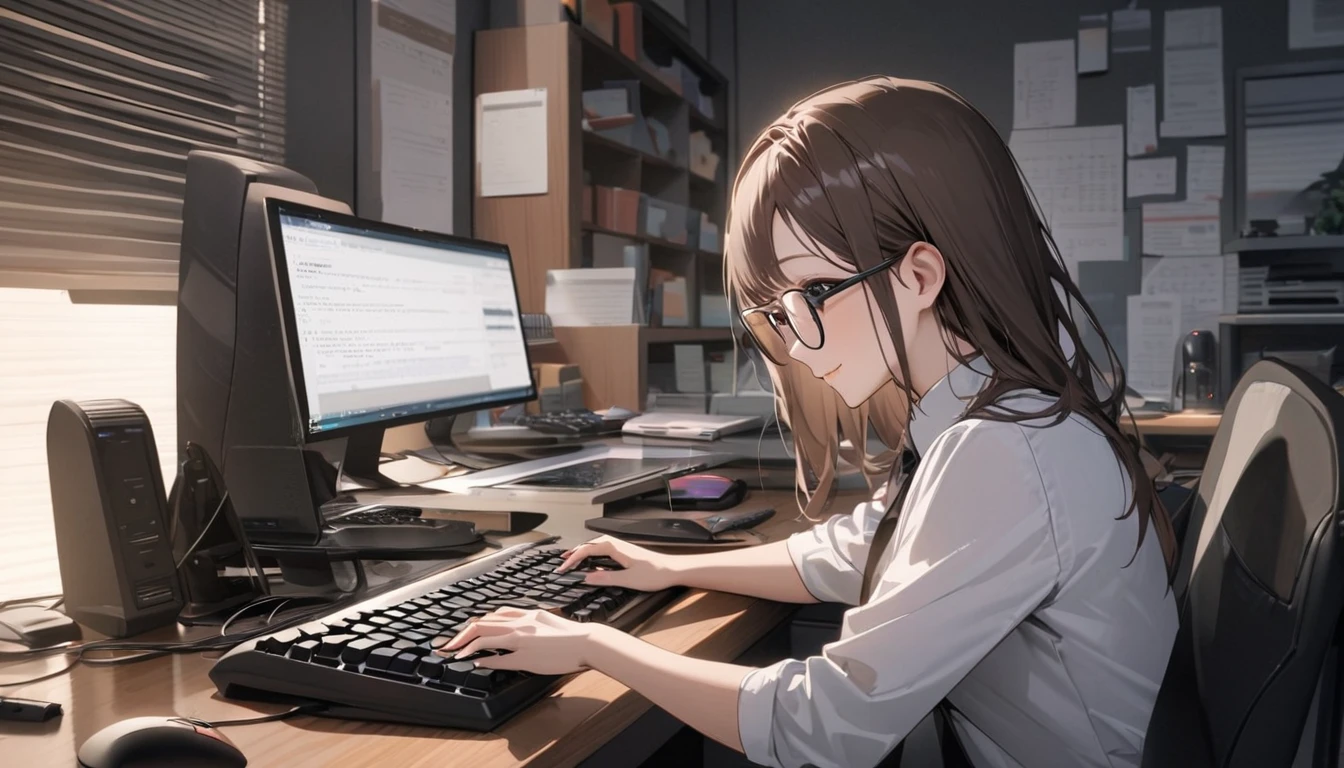 パソコンで仕事をするProfessionalグラマー,Portraiture,Professional,Wearing a smart suit,Stylish glasses,Typing on a sophisticated computer,Use a wireless mouse,Sitting at a modern desk,A soft smile,Soft natural light,High resolution,High resolution,Very detailed.One Woman ,alone, Dark brown hair ,Undistorted keyboard, focusing