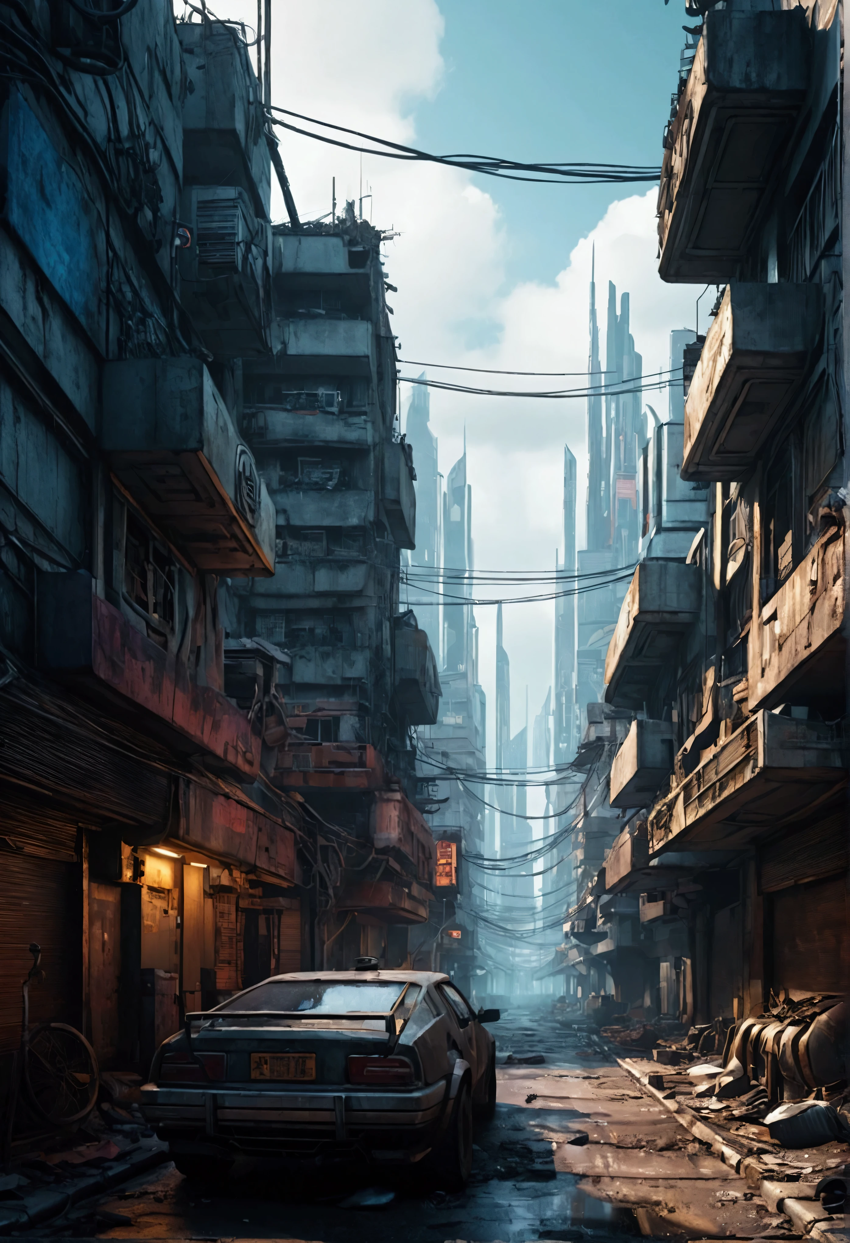 The view of a street, an apocalyptic city in cyberpunk style.