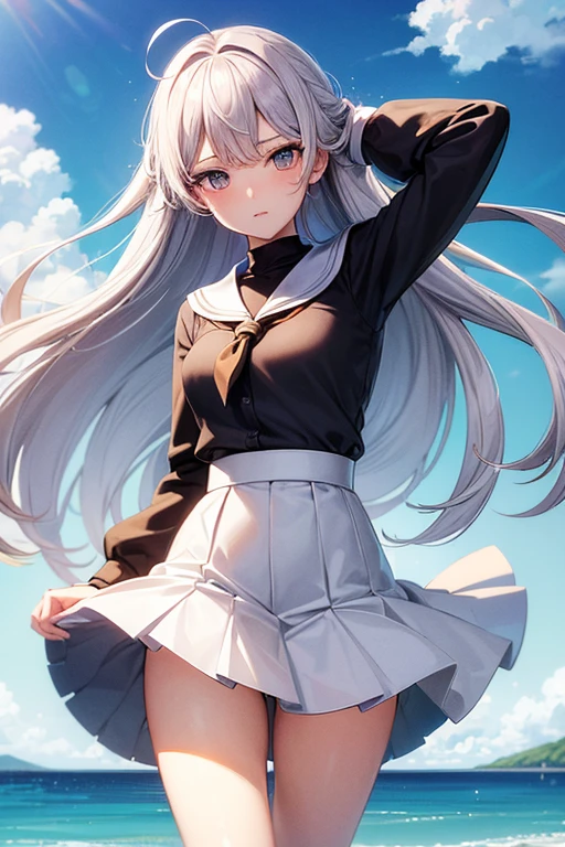 (master_piece, high_quality, beautiful, super delicate, absurdres:1.2), 1girl, mature, 16 years old, beautiful face, ahoge, hair fluttering in the wind, white hair, blue eye, (long sailor suit, long skirt, The wind is blowing, Skirt flipped up, I can see your underwear, skirt that flipped in the wind, skirt billowing, I can see your underwear, wind lift:1.2), port, (clear water, gemstone sea:1.2), Ship in the distance, The trails that planes make, blue sky, Sunshine, street in the distance,
