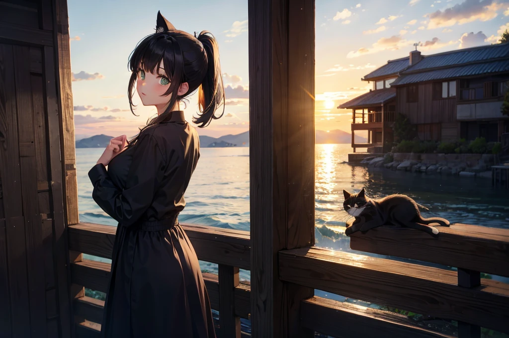 Big Breasts、Cool Girl、Black Hair、High ponytail hairstyle、Green clothes、Black Shirt、Dress freely、Brown tabby cat、Cat Ear Pose、sunset、super high quality