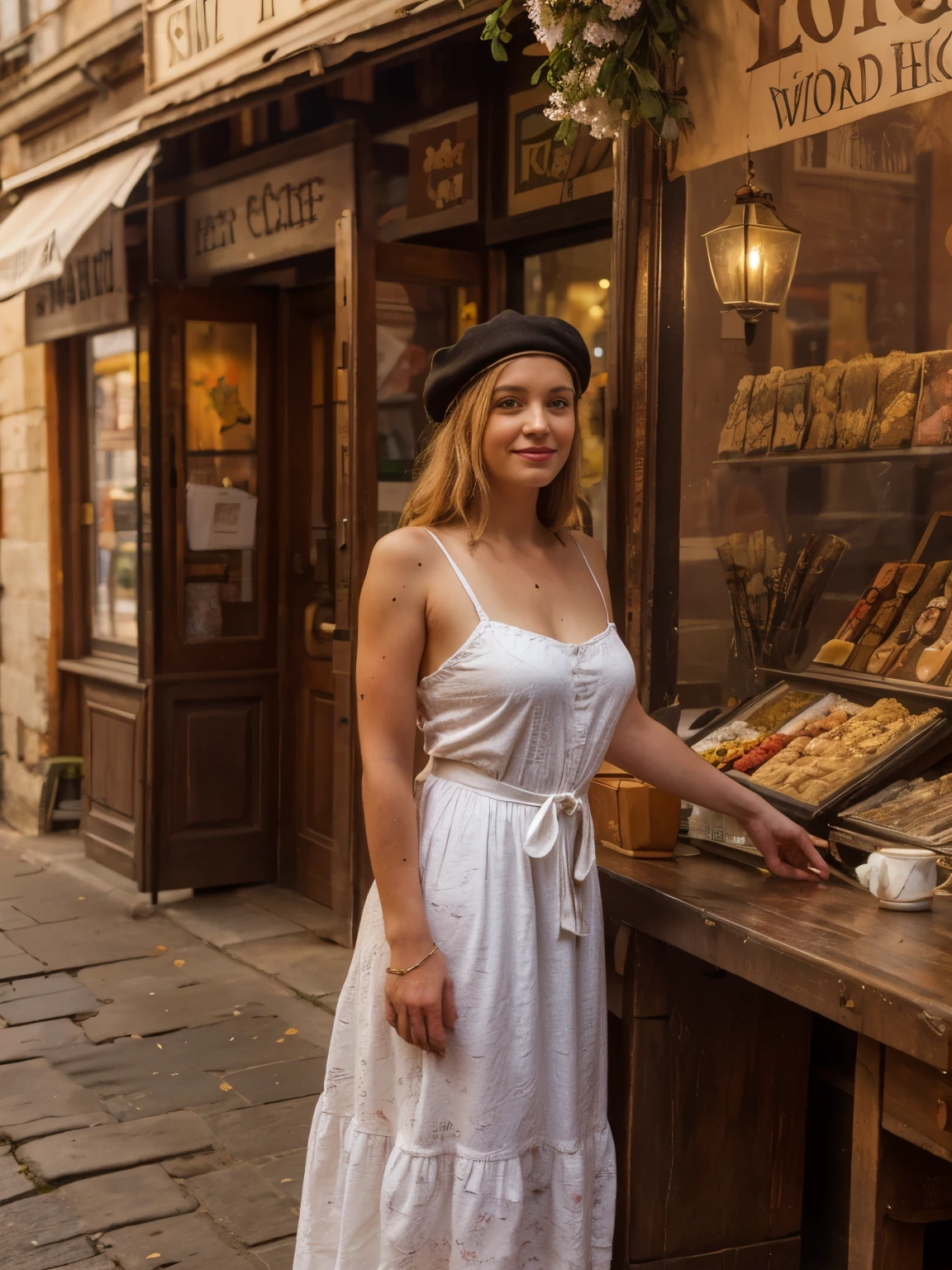 A blond woman in a 1890s walking suit with a fitted jacket, a long skirt, and a straw boater hat browses the stalls of Place du Tertre, surrounded by a vibrant display of artwork. She stands near the camera, looking directly into it with a slight smile. The year is 1890, and the square is bustling with activity. Artists display their paintings, portraits, and caricatures on easels, while tourists admire their work and chat with the creators.

The Place du Tertre is a picturesque square with cobblestone streets and 19th-century buildings. The square is lined with cafés, restaurants, and art dealers showcasing their works on easels. Artists in berets and smocks busily create new pieces, adding to the artistic atmosphere. The sound of chatter and laughter fills the air as people from all over the world come to experience the magic of Montmartre.

Objects and items: Easels, paintings, portraits, caricatures, berets, smocks, colorful paintings, Parisian landmarks, cobblestone streets, wrought iron balconies, vintage bicycles, wicker baskets, café tables with checkered tablecloths, steaming coffee cups, fresh croissants, flower boxes with blooming flowers, artists' palettes, paintbrushes, tubes of paint, charcoal sketches, tourists with guidebooks, street performers, accordion players, decorative lampposts, postcards, street vendors selling trinkets, pigeons pecking at crumbs, canvas awnings, hats with feathers, lace gloves, parasols, old-fashioned street lamps, hand-painted signs, ivy-covered walls, wrought iron gates, street musicians, a horse-drawn carriage, bouquets of fresh flowers, cobblestone pathways, market stalls with fresh produce, decorative fountains, ceramic vases, traditional French bread, oil lamps, vintage posters, string lights, wooden crates, leather-bound sketchbooks, marble statues, church bells ringing, rosary beads, velvet prayer cushions, brass door knockers, tourists with cameras, artists' stools, paint-splattered aprons, sidewalk chalk art, stree