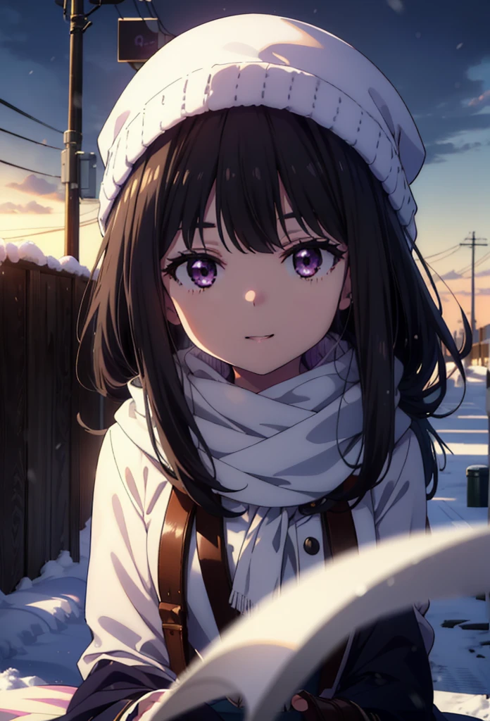 Takiuchikami,Long Hair, bangs, Black Hair, (Purple eyes:1.2),happy smile, smile, Open your mouth,Knitted hat,Long coat,White sweater,White scarf,Long skirt,Black Pantyhose,short boots,snowが積もっている,snowが降っている,winter,Cold Sky,night,moonlight,snow,snow,snow,snow,whole bodyがイラストに入るように,walk,
break looking at viewer, whole body,
break outdoors, city,Area,
break (masterpiece:1.2), Highest quality, High resolution, unity 8k wallpaper, (shape:0.8), (Beautiful attention to detail:1.6), Highly detailed face, Perfect lighting, Extremely detailed CG, (Perfect hands, Perfect Anatomy),