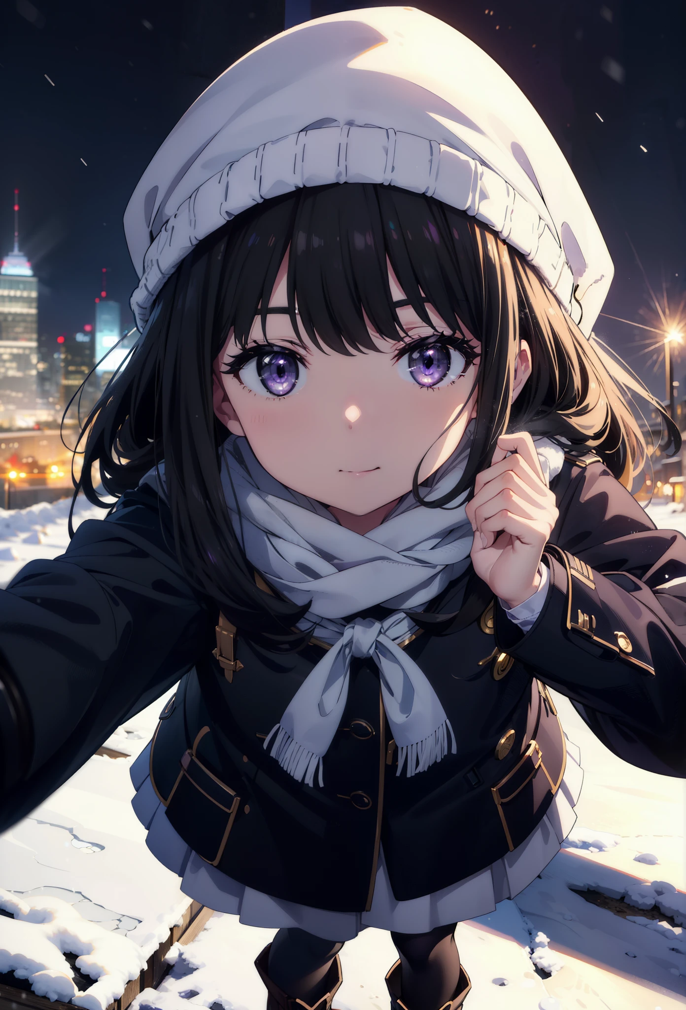 Takiuchikami,Long Hair, bangs, Black Hair, (Purple eyes:1.2),happy smile, smile, Open your mouth,Knitted hat,Long coat,White Sweater,White scarf,Long skirt,Black pantyhose,short boots,snowが積もっている,snowが降っている,winter,Cold Sky,night,moonlight,snow,snow,snow,snow,whole bodyがイラストに入るように,Walking,
break looking at viewer, whole body,
break outdoors, city,construction area,
break (masterpiece:1.2), Highest quality, High resolution, unity 8k wallpaper, (figure:0.8), (Beautiful attention to detail:1.6), Highly detailed face, Perfect lighting, Highly detailed CG, (Perfect hands, Perfect Anatomy),