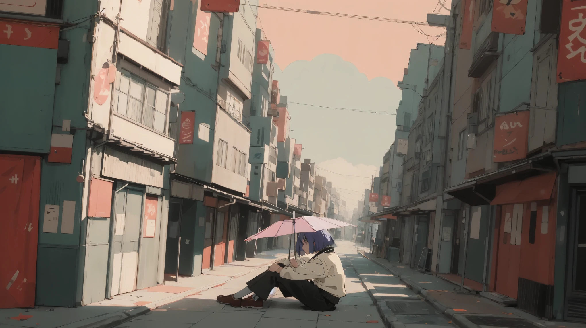animé girl sitting on floor looking out window at city, animé aesthetic, animé vibes, art lofistyle, lo-fi portrait. animé, Fille noble, animé art wallpaper 4 k, animé art wallpaper 4k, animé art wallpaper 8 k, animé background art, Couleur Lofi, art lofi, animé asthetic, cheveux bob, Ville de nuit, Tokyo, journée humide, parapluie