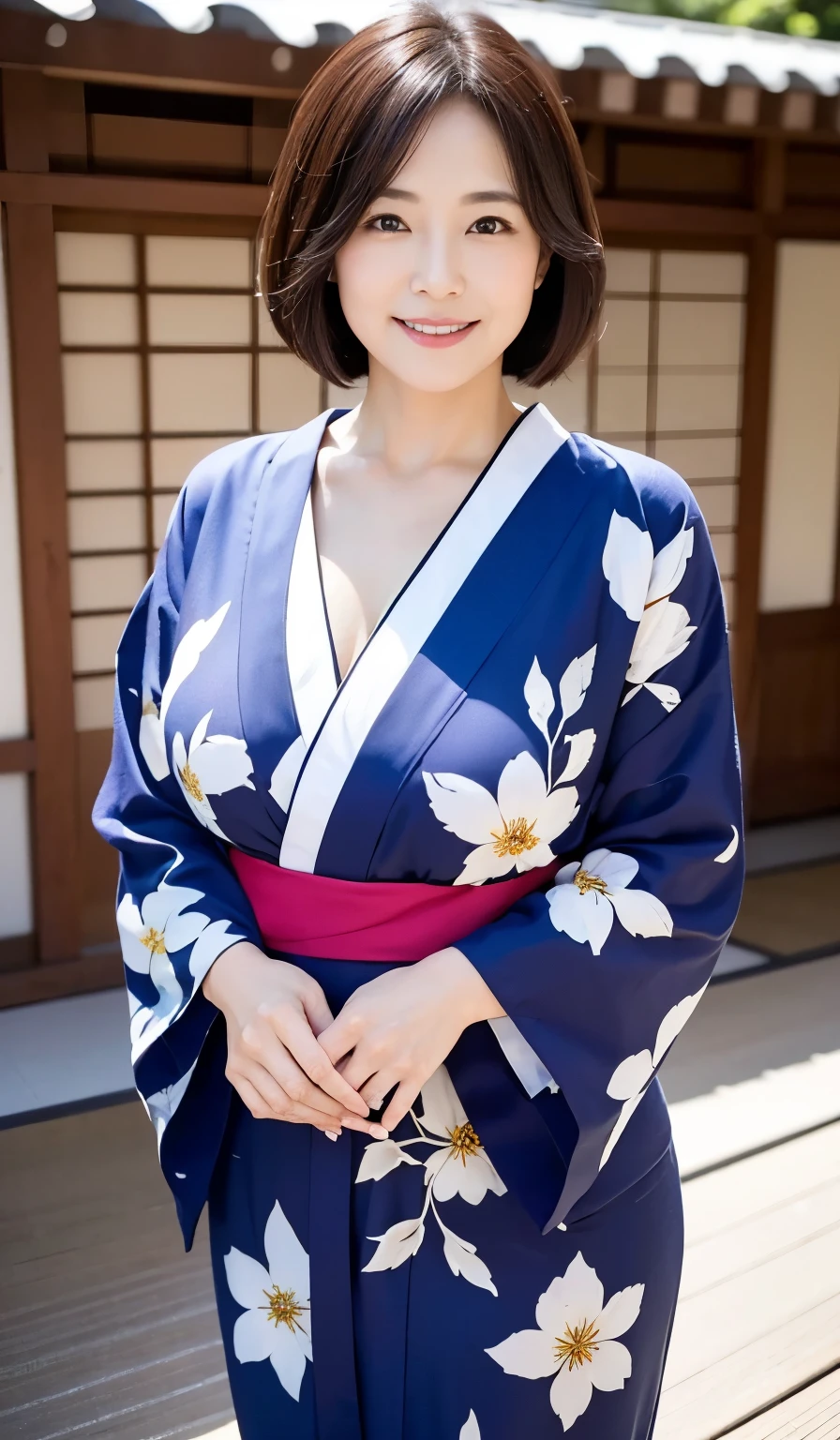 Beautiful Japanese Women、Beautiful Mature Woman、Classy sex appeal、sexy、Perfect Lighting、Beauty、Transparent beauty、8K High Resolution、Beauty in natural light、High resolution、Photorealistic、Masterpiece、smile、Gravure quality、55-year-old Mrs.、Plump body shape、Walking in a yukata、squat