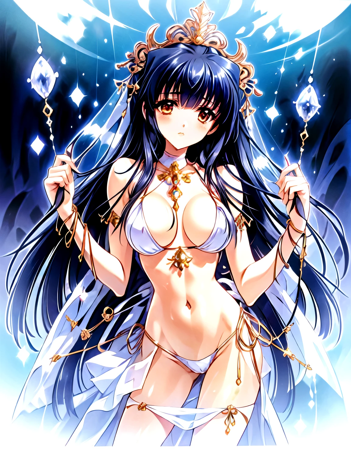 (crystal artifact), (metallic accessory), (erotic priestess), (white bikini)(gold rim), (thin thong)(narrow thong)sharp(highleg), narrow constricted waist, bellybutton, narrow hips, transparent skirt, fantasy, mythical altar, (stone sculpture)encrypting