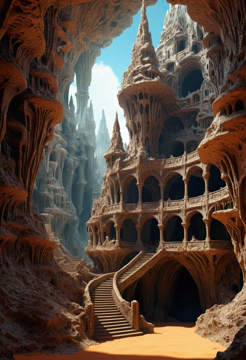 there are many inverted cavities (different rooms, united by mandelbulb projections that form passages) in the middle of an underground canyon that forms a mandelbulb mud village at different heights with many balconies and stalactites and stalactites, fantasy architecture, Highly detailed 4K digital art, beautiful detailed fantasy, stunning fantasy landscape, detailed fantasy digital art, arstation and high beep, fantasy style 8k octane rendering, stuning fantasy 3d rendering, Detailed fantasy in 4K, fantasy 3d rendering, 3D rendering beep, deep and massive desert landscape, stalacmite cave labyrinth type very confusing geonosis bubbes, different perspective