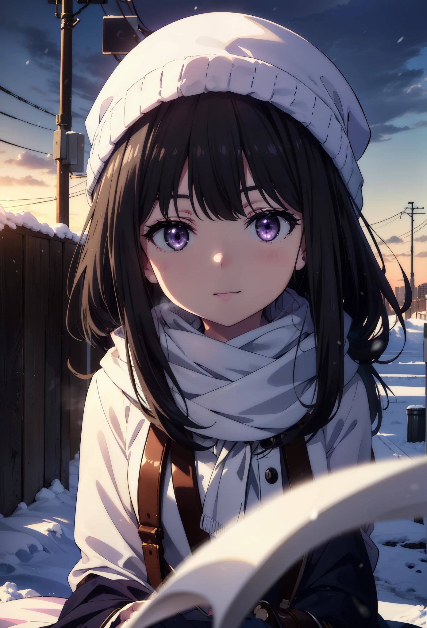 Takiuchikami,Long Hair, bangs, Black Hair, (Purple eyes:1.2),happy smile, smile, Open your mouth,Knitted hat,Long coat,White sweater,White scarf,Long skirt,Black Pantyhose,short boots,snowが積もっている,snowが降っている,winter,Cold Sky,night,moonlight,snow,snow,snow,snow,whole bodyがイラストに入るように,walk,
break looking at viewer, whole body, 
break outdoors, city,Area,
break (masterpiece:1.2), Highest quality, High resolution, unity 8k wallpaper, (shape:0.8), (Beautiful attention to detail:1.6), Highly detailed face, Perfect lighting, Extremely detailed CG, (Perfect hands, Perfect Anatomy),