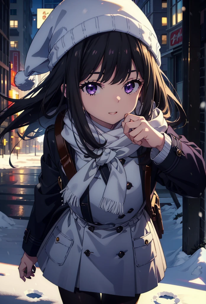 Takiuchikami,Long Hair, bangs, Black Hair, (Purple eyes:1.2),happy smile, smile, Open your mouth,Knitted hat,Long coat,White Sweater,White scarf,Long skirt,Black pantyhose,short boots,snowが積もっている,snowが降っている,winter,Cold Sky,night,moonlight,snow,snow,snow,snow,whole bodyがイラストに入るように,Walking,
break looking at viewer, whole body,
break outdoors, city,construction area,
break (masterpiece:1.2), Highest quality, High resolution, unity 8k wallpaper, (figure:0.8), (Beautiful attention to detail:1.6), Highly detailed face, Perfect lighting, Highly detailed CG, (Perfect hands, Perfect Anatomy),