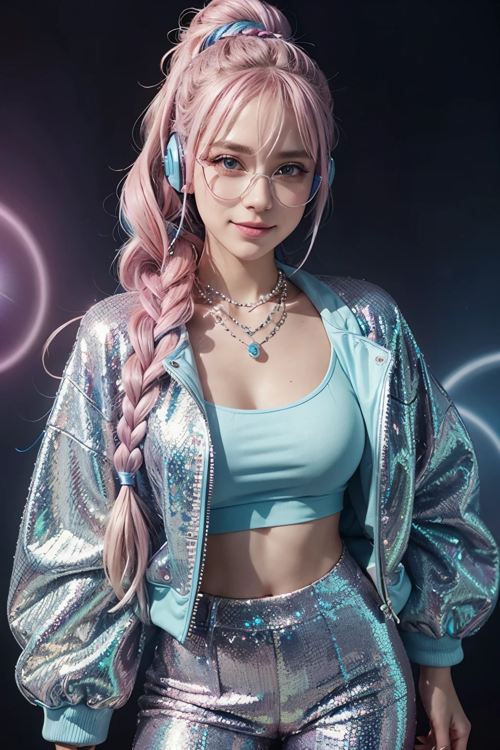 A woman with hair in shades of sky blue and pastel pink, braided with shiny pearls, wearing a blue sequin jacket and pink vinyl pants, blue headphones with crystals, dancing between holographic musical notes and soft lights, with colorful necklaces and shiny boots, sophisticated and contemporary style, 8k. She is looking directly at the camera with a beaming smile.