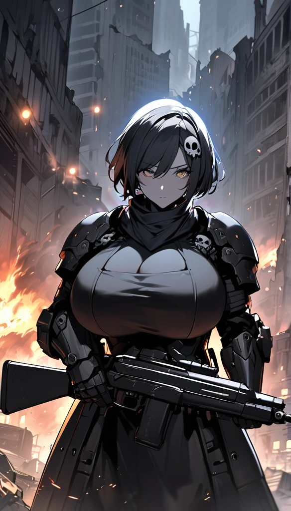 Tall, white woman, short hair covered by a black bandana, huge breasts, defined, dressed in black military armor with small lights on her shoulder black skull symbol in the center, Holding a Lancer Mk2 rifle from the game Gears of War, background of a destroyed city