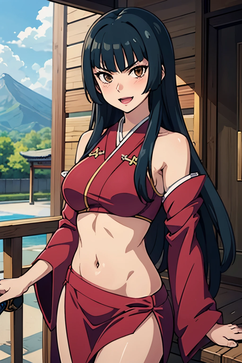 1girl,wang liu mei,brown eyes, long hair,  mature female, 20 year old, blush, lipstick, Hot girl, baddie, staring, glaring, bad attitude, mean girl, crazy, smoking, sensual, attractive, masterpiece, best quality, highly detailed, a anime girl in kimono dress ,holding sword, bare
shoulder,open kimono, evil smile, open mouth, crop top , (nsfw) not safe for work, smile, ecchi anime
style, anime girls, ecchi style, ecchi, digital anime art!!, in anime style, official artwork, visual novel cg,
beautiful anime girl, anime style 4 k, kimono pencil skirt, exposed belly, exposed navel,
exposed midriff, exposed lower belly, outdoor, japanese architecture, temple