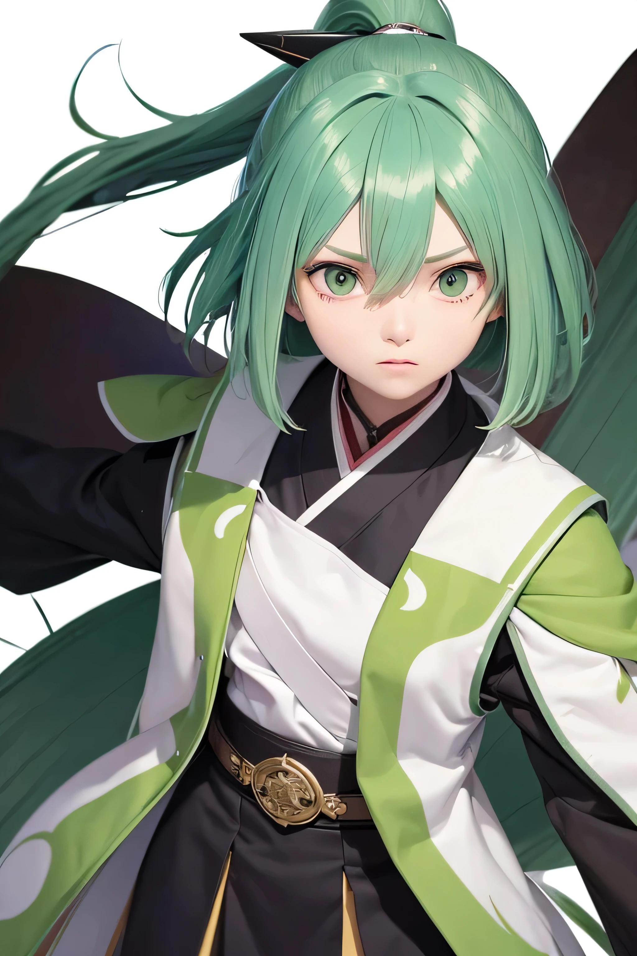 "Generate a detailed image of an anime character in Demon Slayer style. The character is a young woman named Aiko Sato. She is of medium height and has a slender figure.. Her long, straight hair is mint green and is usually worn down or in a high ponytail.. His eyes are intense green, showing an always alert and calculating look.Aiko carries a war fan with sharp edges., decorated with wind symbols. Her clothing includes a light green lightweight kimono with leaf and wind patterns.. He also carries a belt with secret compartments for maps and strategy tools.. Make sure the image has plenty of detail and captures the visual essence of Demon Slayer's style.."