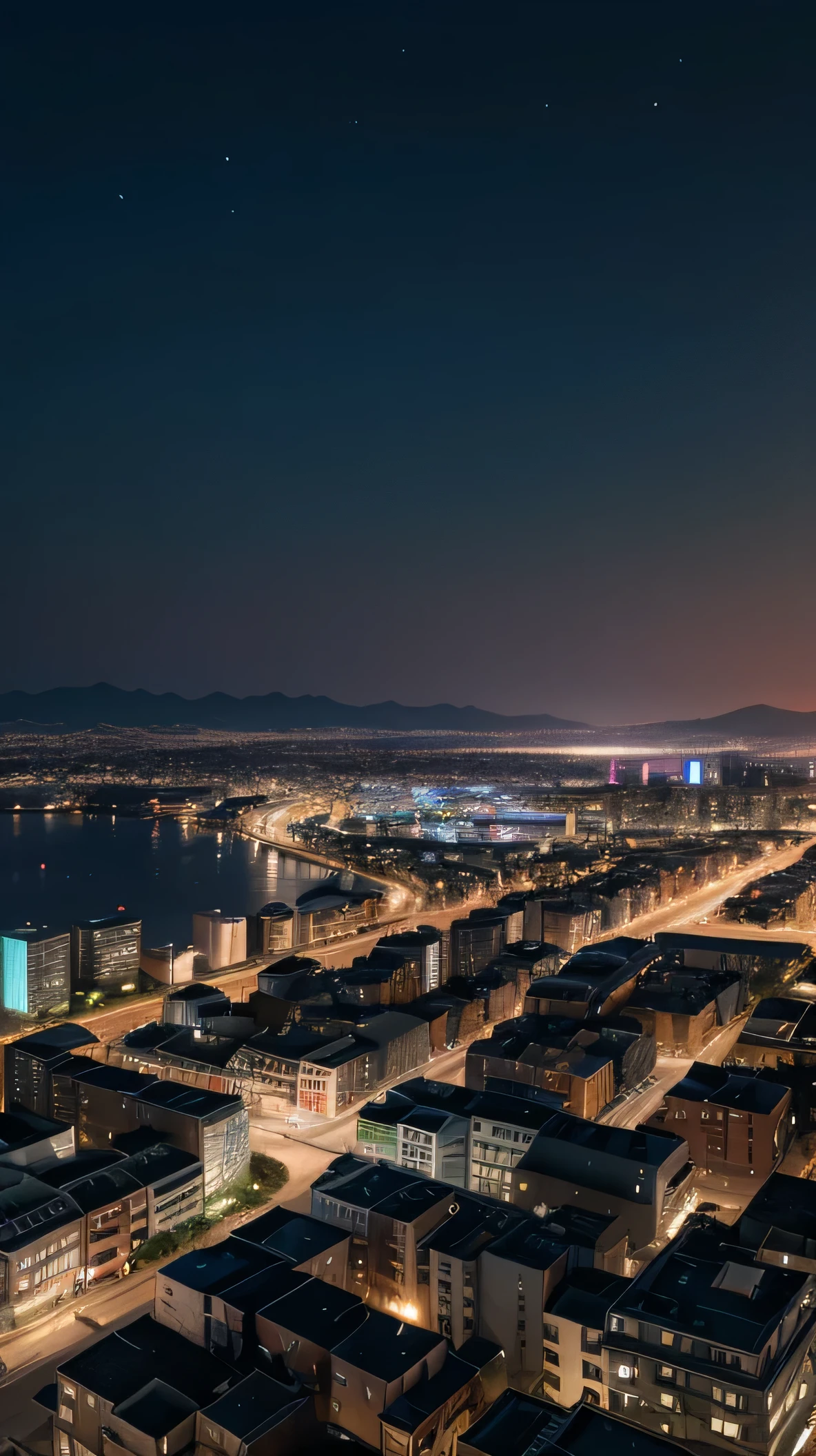 Panoramic image of a city, which is attacked by zombies, during the night, Joe mature style, Line art, colourful, HQ-Stil,
