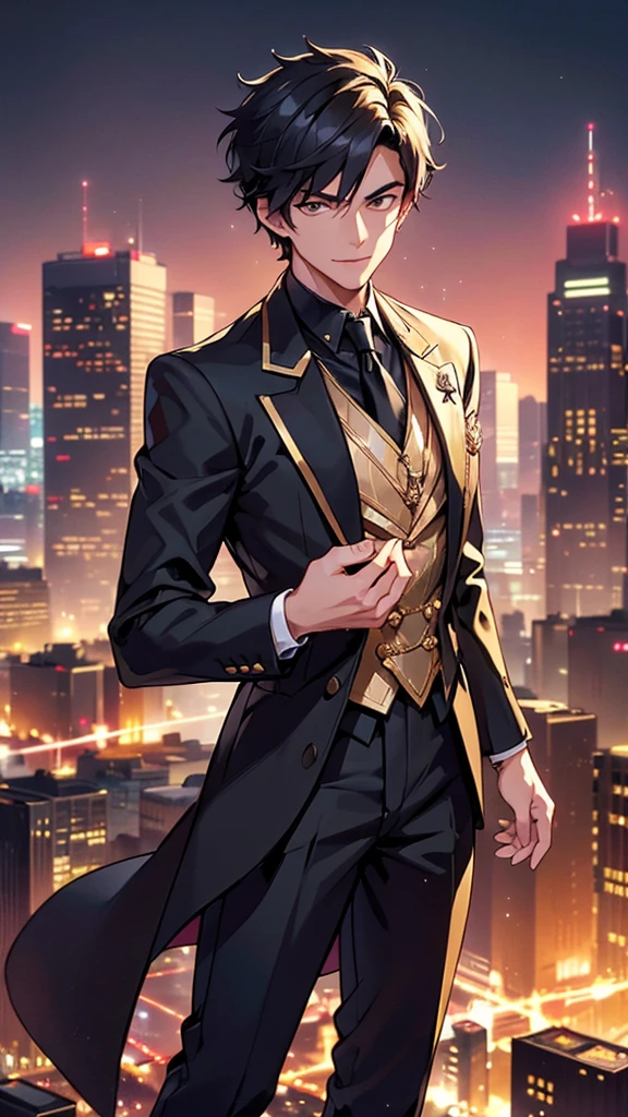 The rich and handsome young master Standing on top of a tall building in a big city at night Wear a modern black suit. The short hair had breath or spiritual energy floating around it in the form of golden light or sparkles. The background is a cityscape at night. There are tall buildings and neon lights. reflecting the present era"