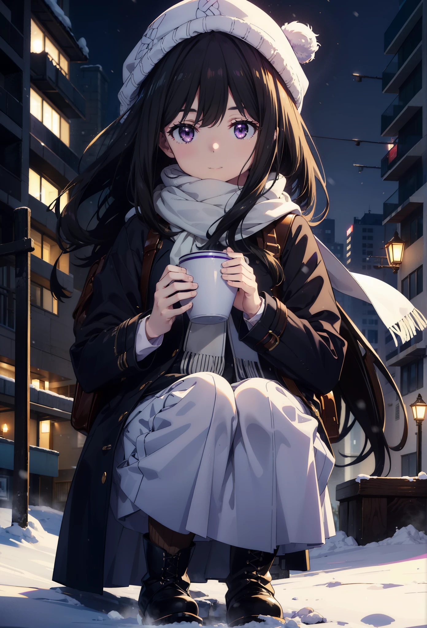 Takiuchikami,Long Hair, bangs, Black Hair, (Purple eyes:1.2),happy smile, smile, Open your mouth,Knitted hat,Long coat,White Sweater,White scarf,Long skirt,Black pantyhose,short boots,snowが積もっている,snowが降っている,winter,Cold Sky,night,moonlight,snow,snow,snow,snow,whole bodyがイラストに入るように,Walking,
break looking at viewer, whole body,
break outdoors, city,construction area,
break (masterpiece:1.2), Highest quality, High resolution, unity 8k wallpaper, (figure:0.8), (Beautiful attention to detail:1.6), Highly detailed face, Perfect lighting, Highly detailed CG, (Perfect hands, Perfect Anatomy),