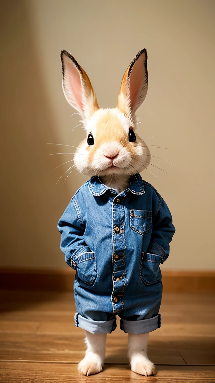 (baby rabbit) , (standing : 1.4) , (viewer : 1.4) ,(clothed : 1.4) alone , animal , (symmetry) , (masterpiece , Top Quality) , full body , (not_human) , animal focus