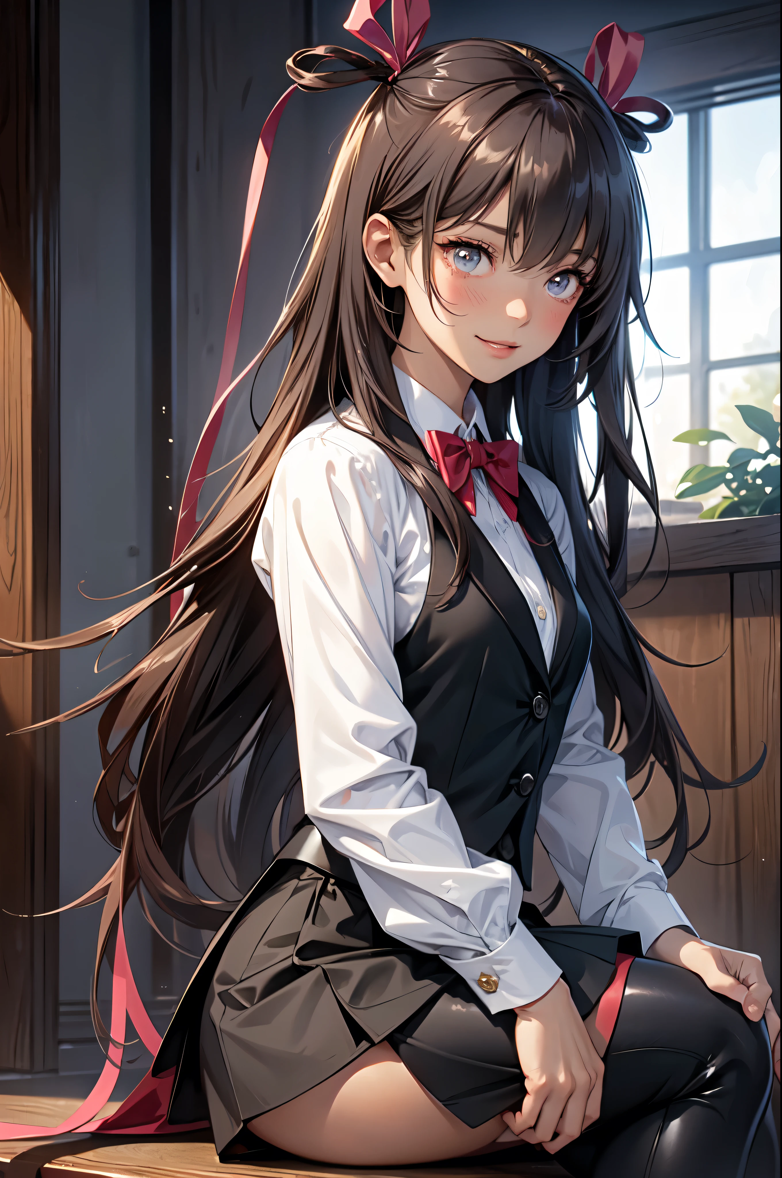 Anime styled image of a blushing Japanese schoolgirl sitting with crossed legs on a set of stairs in a romantically lit indoor scene wearing a mini black skirt, thighhigh white uwabaki, and a red ribbon tied in her short, black bobbed hair. Nearby, a schoolboy with grey hair and zettai ryouiki, dressed in black pants, white shirt, black blazer, and a red bowtie is smiling but has a sweatdrop and a hint of closed-mouth blush as he looks back at the girl. Together, they create a beautiful moment amidst the clouds, staring out the window romantically.