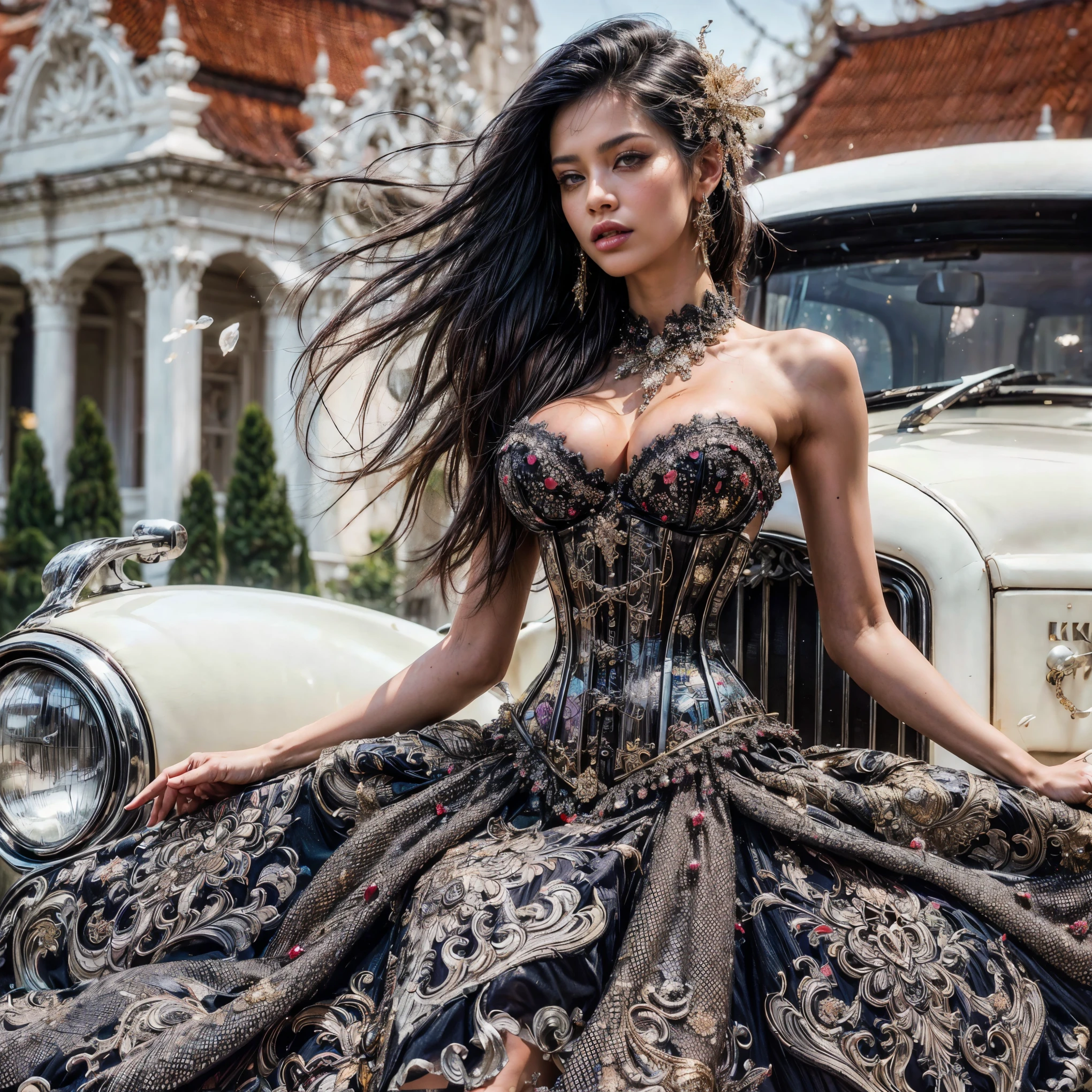 (Ultra HDR foto) (Cinematic effect) An asian woman large breast fair skin with loose hair, standing on the stairs in the middle of a magical atmosphere, with a predominantly blue and red costume, a strapless metal corset-style dress decorated with bright purple jewels, a short tutu skirt, black thigh-high latex stockings with lace tops and ornaments purple jewels, white high heels with gold decoration, grand staircase background under mysterious sky full of stars and celestial bodies, crystal detailed, hyper realistic, hyper detail Transparent clothing, Detailed gemstones, masterpiece, best quality:1.2),,(8k,highres,RAW photo,realistic,photo-realistic:1.3),(detailed skin texture,detailed cloth texture, beautiful detailed face:1.25),professional lighting,photon mapping,beautiful soft light,radiosity,physically-based rendering,raytracing, model shoot style, model shoot style, (extremely detailed CG unity 8k wallpaper), full shot body photo of the most beautiful artwork in the world (NSFW), (Nude), (Naked), (pussy) (small pussy) (tight pussy) (metalic titanium corset) (veiny breast) (steampunk corset)