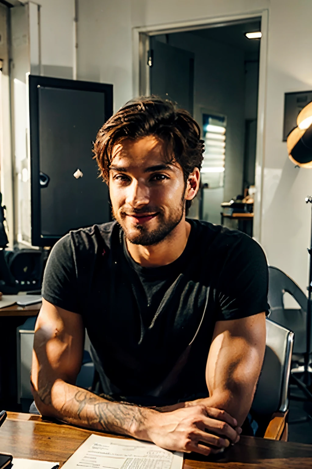un personnage photo réaliste, jeune homme de 25 ans, cheveux noirs, yeux marrons, affichant un sourire sérieux et charmant, vêtu d'un t-shirt moulant, il est assis derrière un bureau, dans un studio moderne, se tient assis et droit, la tête relevée, le bras posé sur le bureau, face à la caméra avec un regard droit et centré, résolution 8k, photoréaliste