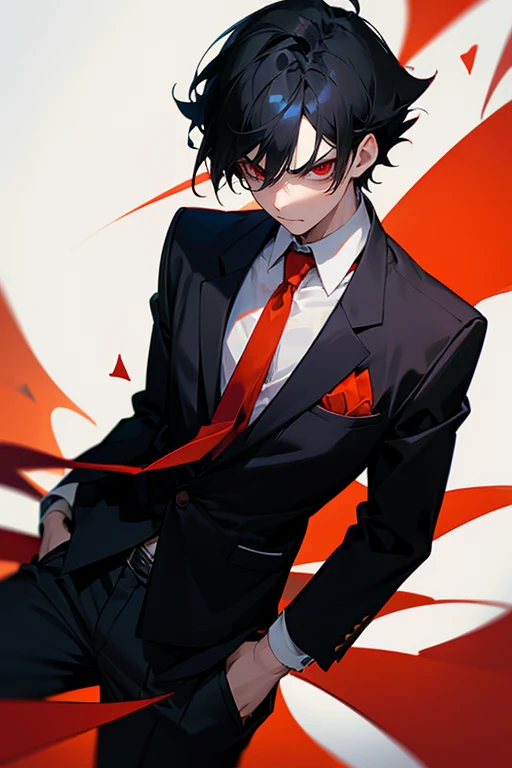 Boy with black hair turn down and wearing ordinary school uniforms with red tie with black blazer, his has a red orange demon eye, his face not happy or mad but chill and calm