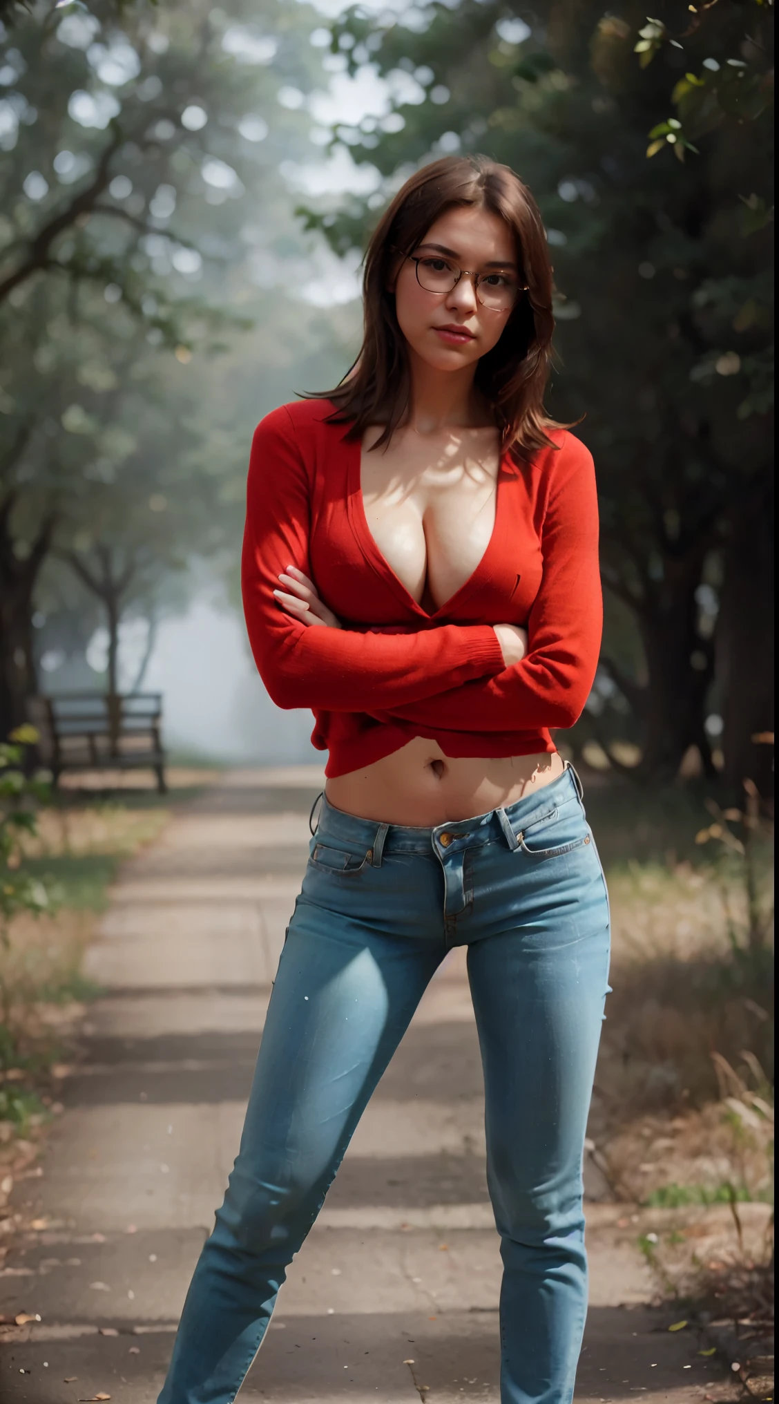 Photorealistic, Skinny, thick, (full body:1.8), low angle, (seen from below), a spanish young woman, bright tan skin, (long sleeve v-neck wool sweater), (thight low rise jeans), a hyperrealistic beautiful young girl with grayish blue eyes in glasses, (small chest), (cleavage), (hips and groin showing), (cameltoe), high detailed official artwork, beautiful girl with slim body and sensual posture, long legs, attractive young woman, (atractive poses), (crossed arms holding the up enhancing her cleavage), at bench in the (natural foggy forest), natural background, dubnitskiy david fanart, realistic portrait, smooth photorealistic, perfect visual of a cute girl, cute girl with skinice soft face, face focus, makoto shinkai and artgerm, photon mapping, natural light, warm color tones, vivid colors, cool ambient, foggy atmosphere