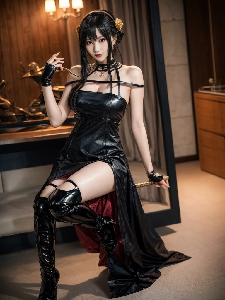 (Highest quality, 4K, masterpiece :1.3), Beautiful woman, Surreal, 1 girl,),Ajolf, Side Lock,Short hair and long straight hair, Gold Hair Band, Gold earrings, Gold Hair Ornament, Big Breasts, Exposing shoulders, Black Dress, Double-sided dress with red rose cape, choker, Thigh-high boots, , Fingerless gloves, Thigh-high boots,Slender beauty, (Huge breasts, Attractive body :1.2), Abdominal exercises :1.1, Long black hair 1.1, Highly detailed face, Lip details, Beautiful Eyes, double eyelid, Sexy low neck dress, Open neckline, Twisting waist pose, Visible curves,Muscular, Bent legs, Yugal, masterpiece, Highest quality, High resolution, aaYugalf,Cowboy Shot, Are standing, Looking at the audience, Outdoor, night, (Perfect Anatomy:1.Big Ass, jewelry, Off the shoulder, Black Pantyhose, Cute Smile, Beautiful and bright lighting, Beautiful breasts,Place your hands behind your back,