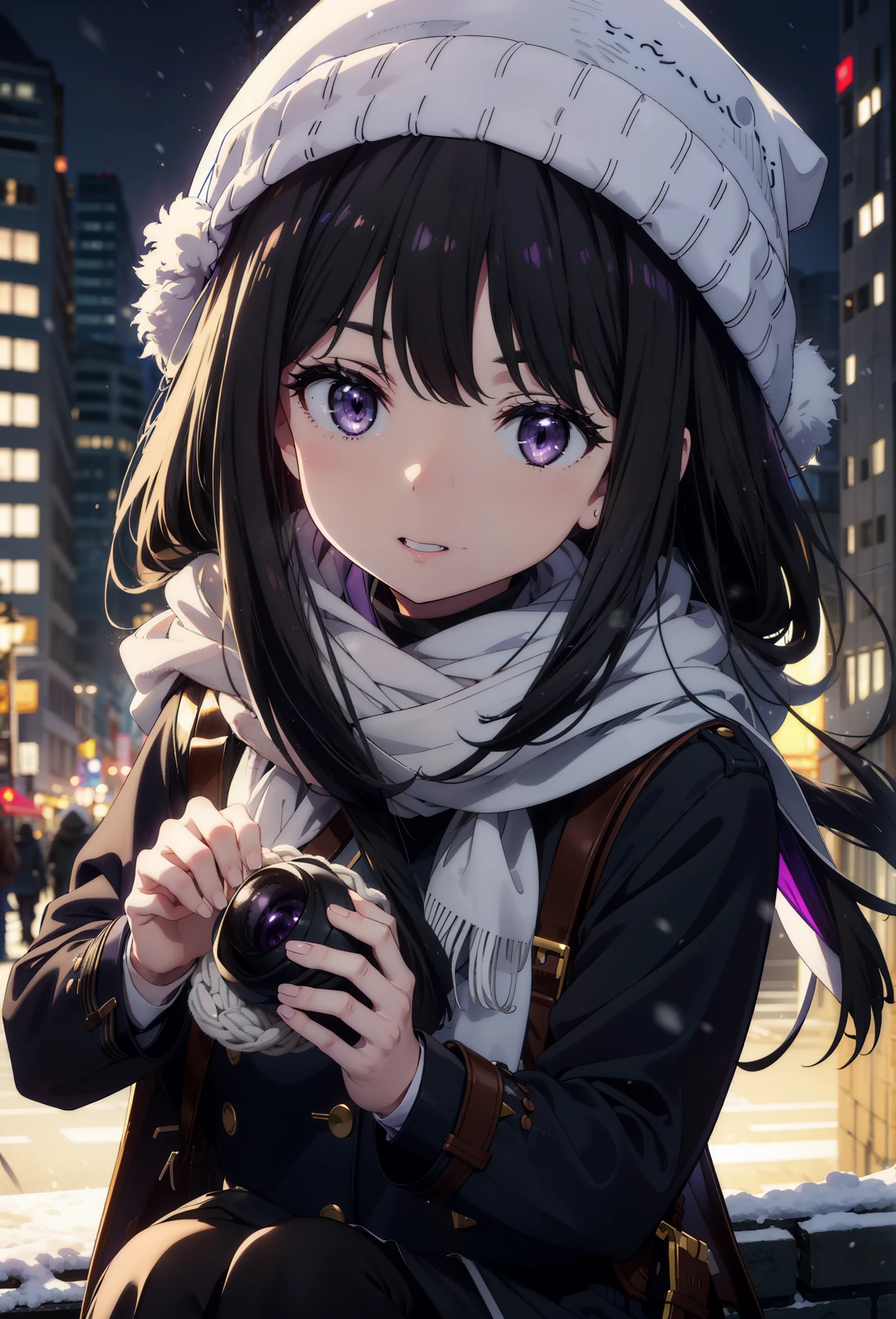 Takiuchikami,Long Hair, bangs, Black Hair, (Purple eyes:1.2),happy smile, smile, Open your mouth,Knitted hat,Long coat,White Sweater,White scarf,Long skirt,Black pantyhose,short boots,snowが積もっている,snowが降っている,winter,Cold Sky,night,moonlight,snow,snow,snow,snow,whole bodyがイラストに入るように,Walking,
break looking at viewer, whole body, 
break outdoors, city,construction area,
break (masterpiece:1.2), Highest quality, High resolution, unity 8k wallpaper, (figure:0.8), (Beautiful attention to detail:1.6), Highly detailed face, Perfect lighting, Highly detailed CG, (Perfect hands, Perfect Anatomy),