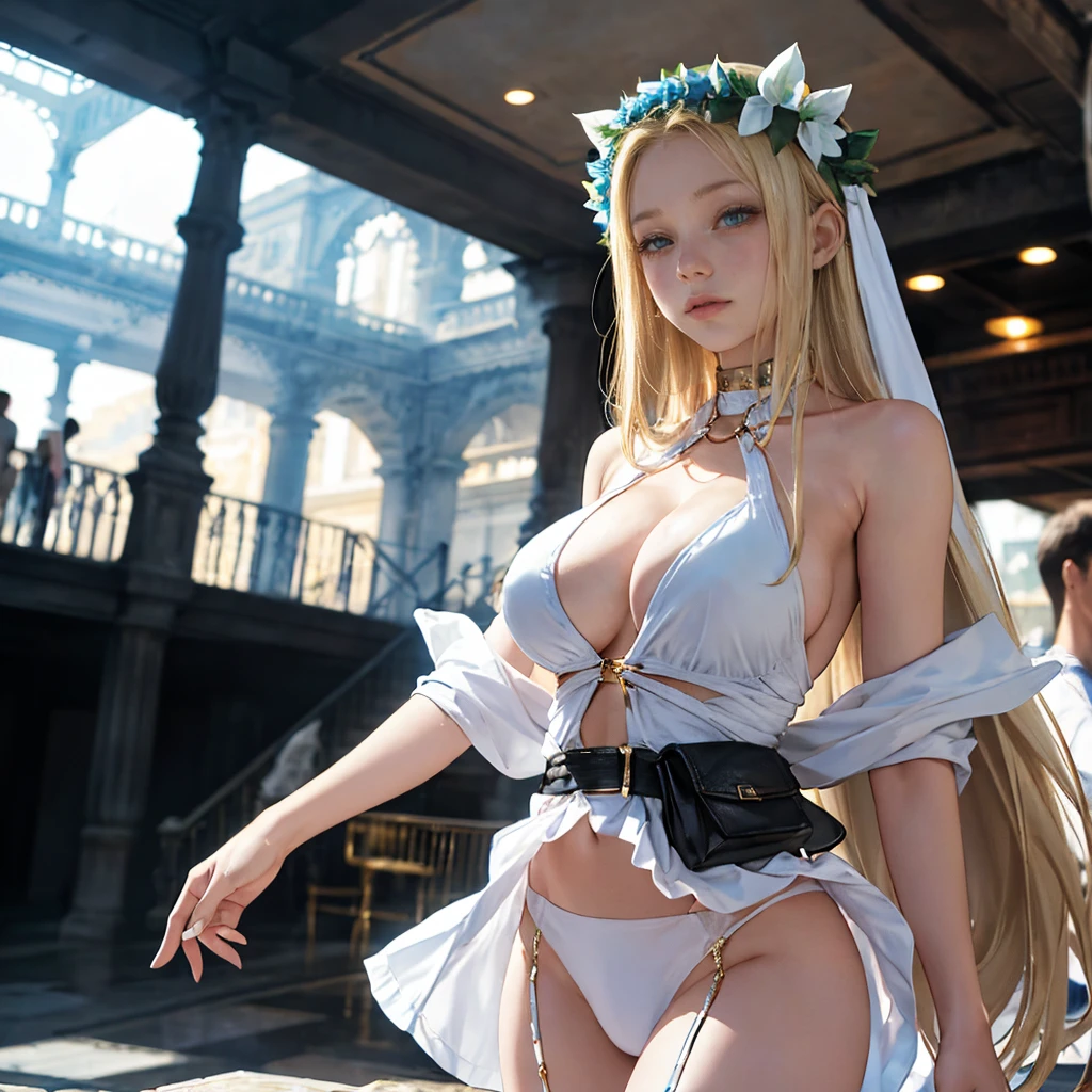 Browsing Caution,(Highest quality, 8k, masterpiece:1.3,beautiful girl), (masterpiece:1.3, Highest quality, Ultra-high resolution, Very detailed),Beautiful body, Beautiful breasts, Beautiful thighs, Beautiful legs, Beautiful fingers, Glowing Skin,(((Long Hair,blonde,Beautiful Hair))),(Perfect Anatomy, Anatomically correct, Very detailed肌), ,Detailed face,Cute and symmetrical face, Perfect Face, (((Perfect Eyes,Golden Eyes))), Dissatisfied face, ((Perfect Fingers, Five Fingers)), (((whole body,Draw the whole thing))),((Two Arms)),Shopping mall,Turn your back,Sexy panties,T-bag,((White Dress,Black garter belt,Gold High Heels))