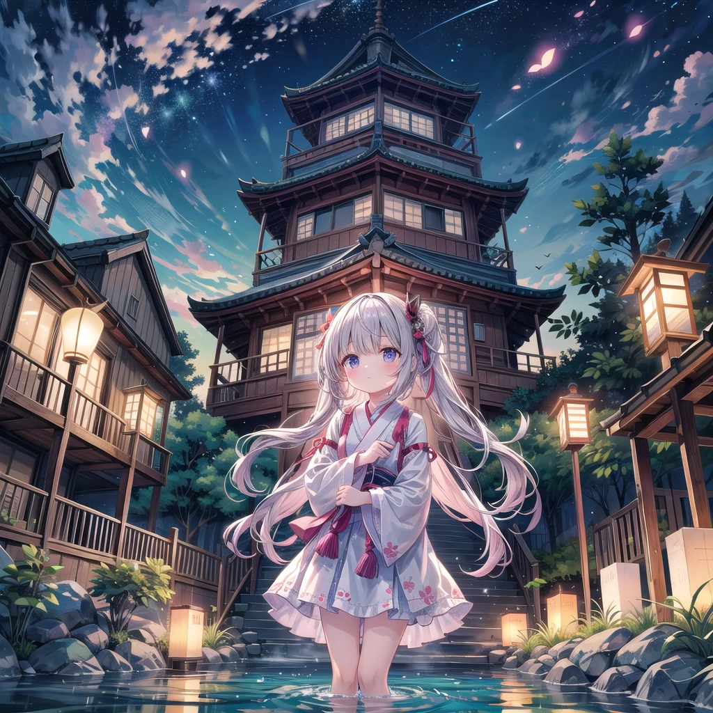 "Delicate watercolor scene of a group of children releasing lanterns into the Motoyasu River at dusk. Each lantern glows softly, carrying messages of peace and remembrance. The background shows the Hiroshima Peace Memorial and the tranquil river reflecting the lanterns' light. The sky is painted in soft pastel hues of pink and purple, creating a serene and hopeful atmosphere. The children's expressions are solemn yet hopeful, symbolizing a brighter future."