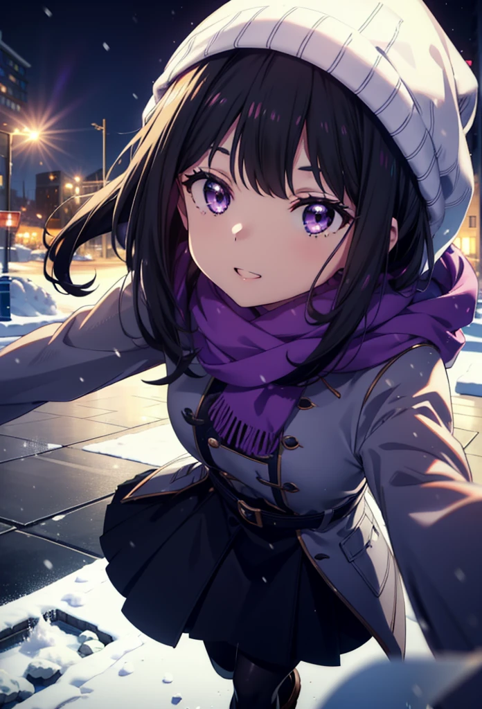 Takiuchikami,Long Hair, bangs, Black Hair, (Purple eyes:1.2),happy smile, smile, Open your mouth,Knitted hat,Long coat,White Sweater,White scarf,Long skirt,Black pantyhose,short boots,snowが積もっている,snowが降っている,winter,Cold Sky,night,moonlight,snow,snow,snow,snow,whole bodyがイラストに入るように,Walking,
break looking at viewer, whole body,
break outdoors, city,construction area,
break (masterpiece:1.2), Highest quality, High resolution, unity 8k wallpaper, (figure:0.8), (Beautiful attention to detail:1.6), Highly detailed face, Perfect lighting, Highly detailed CG, (Perfect hands, Perfect Anatomy),