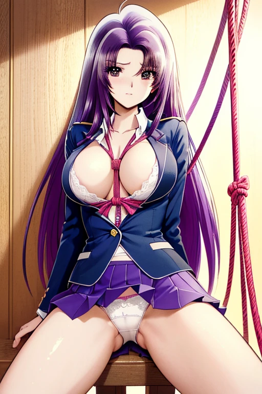 (((Place your arms in front of your body、Spread your legs、Both hands are tied up with rope))、(((Accentuate your breasts、Shiny underwear、Hands tied with ropes)))、Highest quality, 8k, masterpiece :1.3)), whole body, Sharp focus :One Girl,Glowing Skin,SSexy pose,Highest quality,Tabletop,shape,Very delicate and beautiful,Hmph,8k壁紙,wonderful,In detail,Official Art,Very detailedなティッカーUnity 8k壁紙,Unbelievably ridiculous,Large file size,Very detailedな,High resolution,Very detailed,Beautiful detailed girl,Realistic,X-ray,The queue is full,(((Uniform Blazer、mini skirt)))、(((Place your arms in front of your body、Big Breasts、Purple Hair、Both hands are tied up with rope)))、(((School、classroom、Health Room)))、Stand upright、Cleavage , ((Place your arms in front of your body、きれいなPurple Hair、Both hands are tied up with rope))、Uniform Blazer、exy pose、Hairstyle: Long hair、Medium Izuna、Both hands are tied up with rope、Place your arms in front of your body