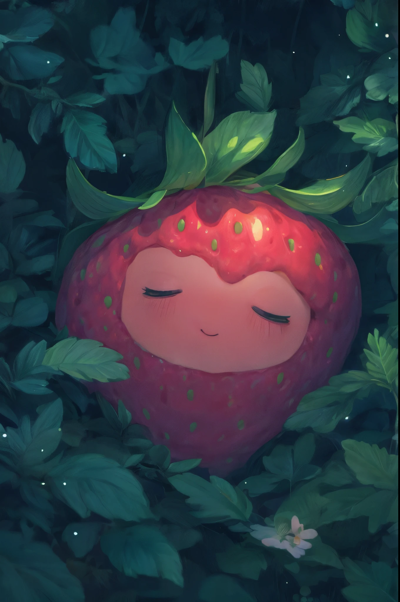 cute strawberry,sleeping strawberry,strawberry in forest clearing,bushes,forest,pixar style,ultra-detailed,8k,highres,masterpiece,realistic,vivid colors,studio lighting,professional