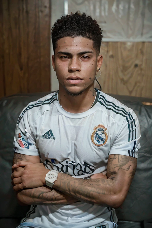 Young Brazilian soccer player, real Madrid player, 17 yr old, Caucasian skin, curly hair shaved on the sides, earring in ear, tattoo on right arm, athlete focused and disciplined in his career. Treated as the new phenomenon of world football 