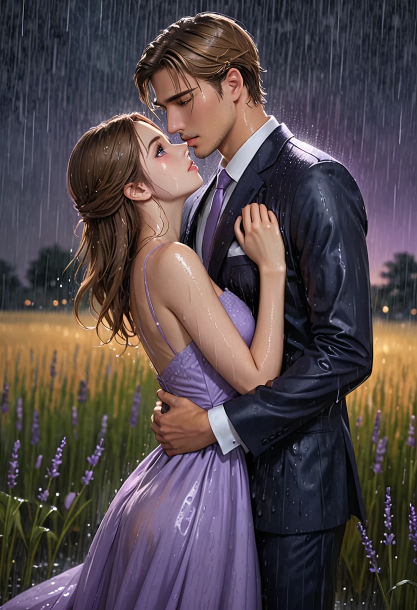 Realistic illustration of a beautiful 19 year old girl with long brown hair and honey colored eyes wearing a beautiful lavender bridesmaid dress. Standing in the night rain in a field, she is soaking wet. A handsome man with short, dark blond hair and blue eyes, dressed in a suit, also soaking wet, stands in front of her, takes her face in his hands and kisses her. The scene has to be dramatic.
