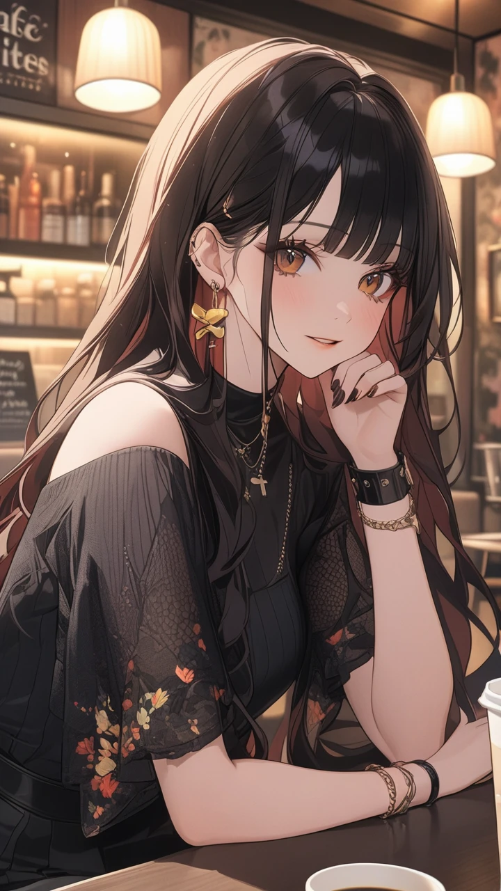 Highest quality,wallpaper,masterpiece,Very detailed,8k,wallpaper,Retro,((1 female:0.5)),Long-haired woman,Cafe,City Pop,Urban Pop,Retroなレコードジャケットのイラスト,Tokyo Funk Vibes: Emo Chill Beats for Relax & Study