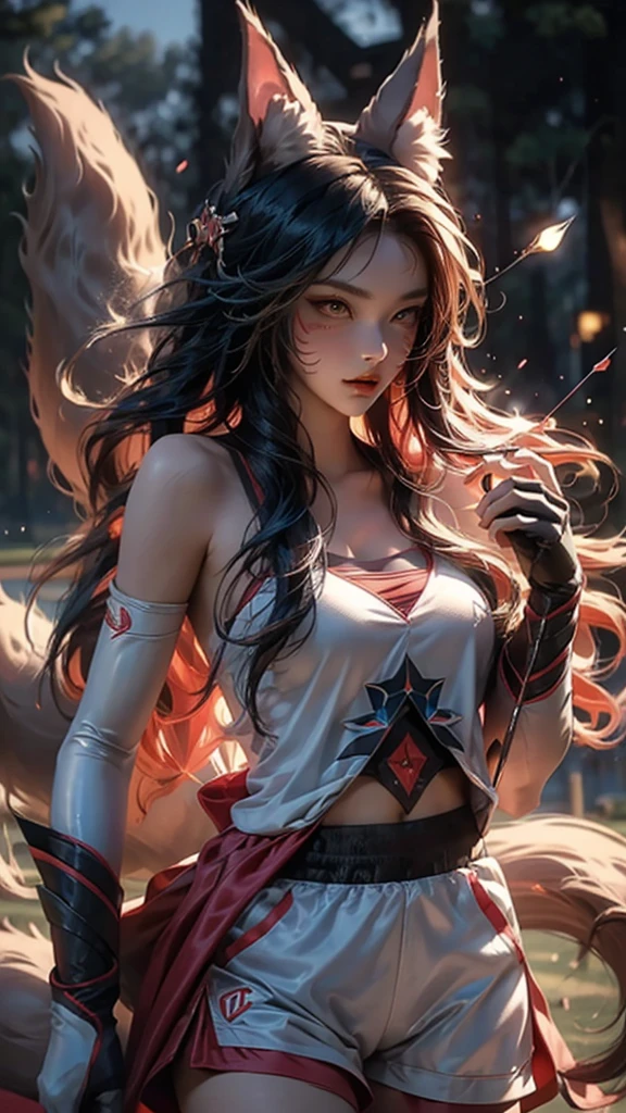 sports center,exciting game,jock,Japanese nine-tailed fox girl,Long flowing hair,Wear sportswear,On the archery field,Shooting an arrow