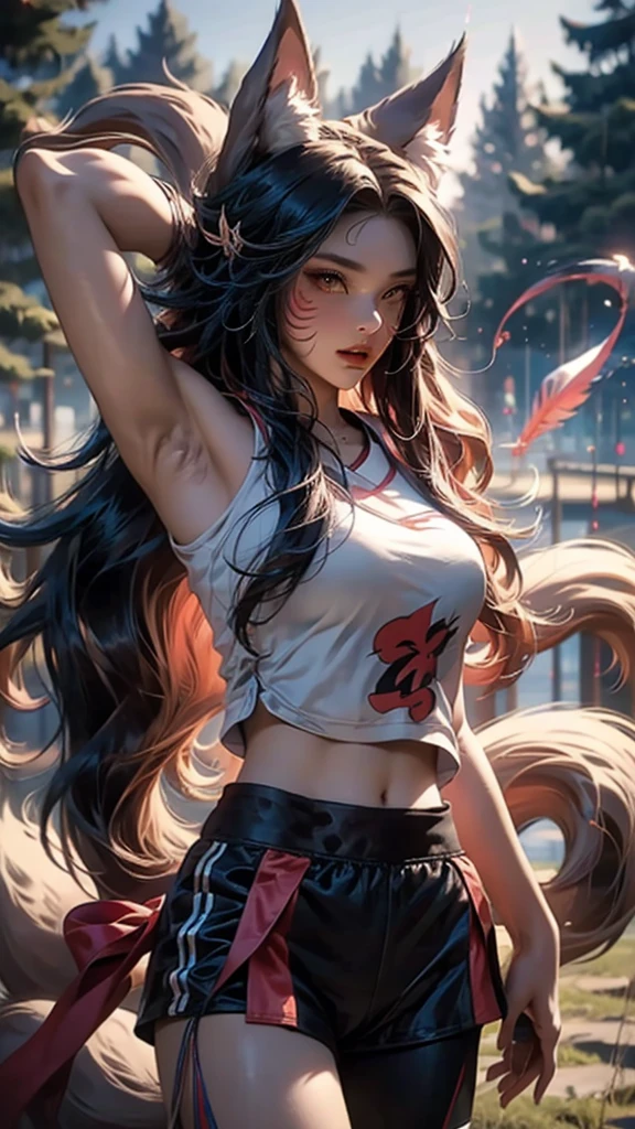 sports center,exciting game,jock,Japanese nine-tailed fox girl,Long flowing hair,Wear sportswear,On the archery field,Shooting an arrow