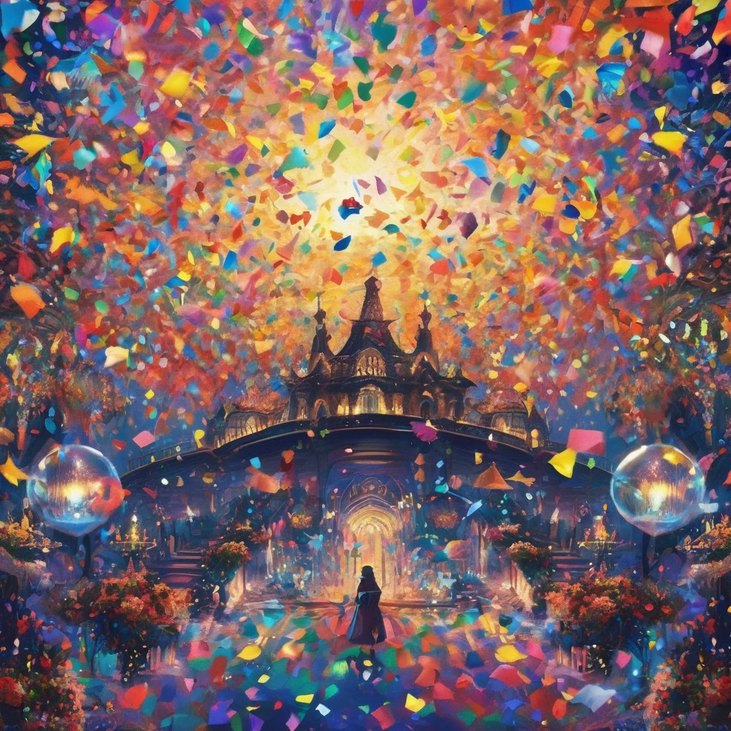 Bright confetti falling, A stunning kaleidoscope of colorful confetti, Dark fantasy world, Be enchanted by the dark and fantastical world, Confetti flying in the sky, Dark fantasy worldを背景に, 精巧なディテールと緻密な筆致がDark fantasy worldを生み出します, このワンダーランドのあらゆるwonderfulディテール, A fascinating sight, From elaborate costumes to intricate backdrops, A fascinating effect that takes you into a mysterious world, Beautifully detailed illustrations, wonderfulビジュアル, Light and shadow, high quality, High resolution, Tonal contrast,,16K, 超High resolution, 超High resolution, to be born,wonderful ,future、Iridescent、The world 30 years from now。