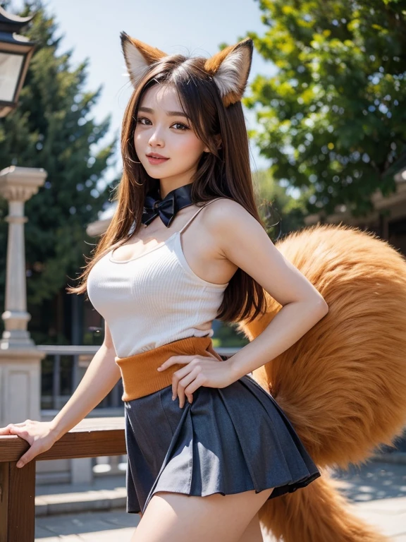 ((Highest quality, 8k)), ((masterpiece)), (Highest Resolution), Perfect Face, Fox Girl, high school girl, Beautiful woman, public, One tail, she has thick thighs, Big tail, She has an orange fox tail., She wags her tail, smile, Fur collar, She is wearing a short skirt, Beautiful Hips , Big Breasts, The skirt is rolled up at her tail