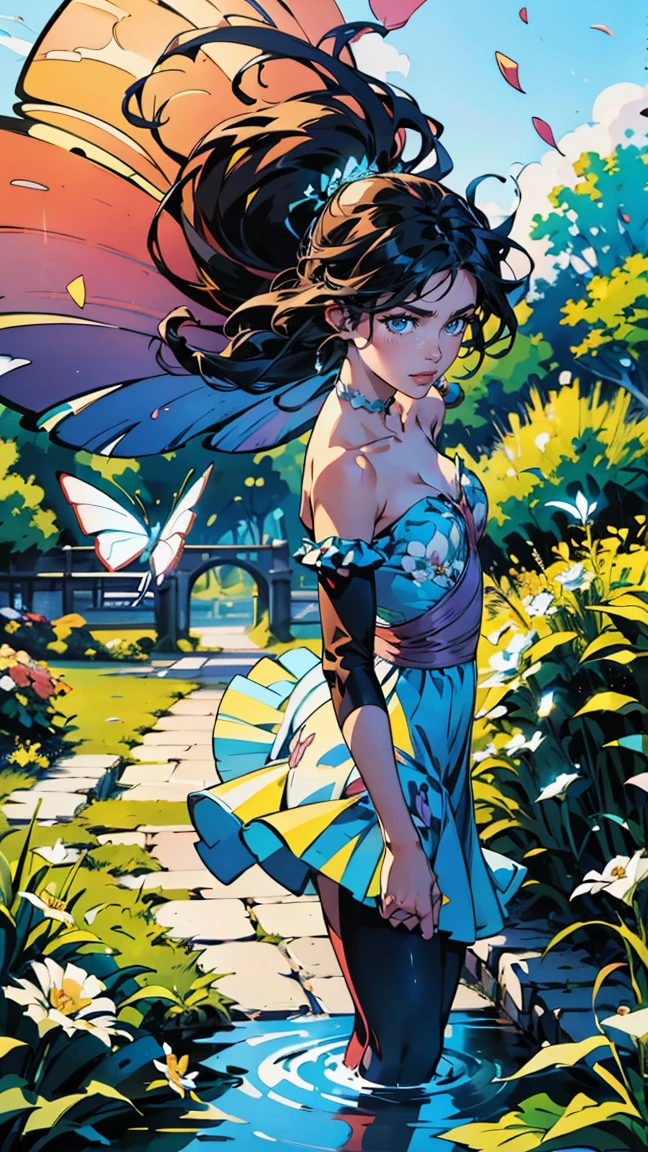 1girl, solo, fully body, (Masterpiece artwork:1.21), (best qualityer:1.2), fullcolor, (illustration:1.2), (cinematic lighthing:1.1), (bared shoulders:1.21), (clavicle:1.21) in this whimsical A beautiful and dreamlike garden, The scene is illuminated by a rainbow (vaga-lumes fullcolors) Dancing in the air. Pastel adorns the garden, creating a hazy and ethereal atmosphere. At the center of the image, is a single girl, an extremely beautiful girl, with charming facial features and an innocent expression. Her long hair fluttered in the wind. She wore a low-cut strapless dress that accentuated her curves.. The lighting is very delicate and beautiful, creating a soft, warm sheen that accentuates the water and makes it glow like a diamond. The best grasses are also lit up to create a lush carpet. The garden is surrounded by fields of colorful flowers with flowers of all colors and shapes. Various colors and sizes (Colorful butterflies) can be seen flying around the scene, adding to the overall sense of wonder and magic. (everyone, judges), a blush can be seen on the bridge of the nose, and the mouth is slightly opened, which increases the overall sense of innocence and youth. Falling petals can be seen waving around her, adding to the overall sense of romance and beauty. The breeze is blowing, the leaves are rustling and the flowers are swaying, increasing dynamism and overall vitality. It's a scene of pure wonder and magic, full of color and beauty, where the viewer can get lost in this charming and captivating world