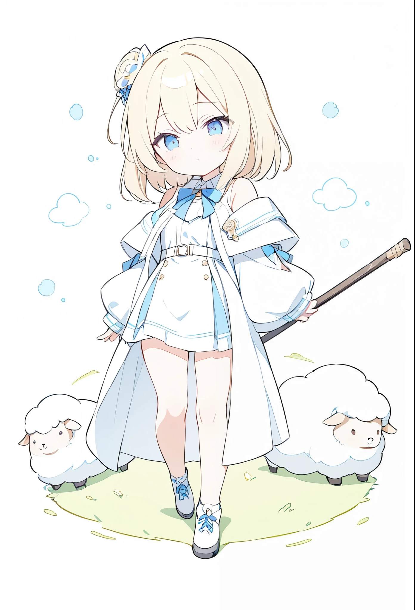 ((Pale colors))、アニメ、デジタルアニメアート、Flat Design,(masterpiece:1.2)、high quality、High resolution、Very detailed、(Amazingly absurd:1.2)、BREAK、smali、Fantasy World、White Robe、BREAK、Long walking stick、Blonde girl、Blue Eyes、BREAK、Background of grassland with sheep、Blue sky