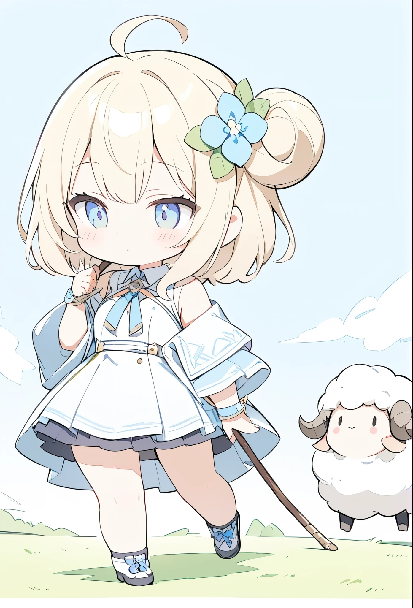 ((Pale colors))、アニメ、デジタルアニメアート、Flat Design,(masterpiece:1.2)、high quality、High resolution、Very detailed、(Amazingly absurd:1.2)、BREAK、smali、Fantasy World、White Robe、BREAK、Long walking stick、Blonde girl、Blue Eyes、BREAK、Background of grassland with sheep、Blue sky