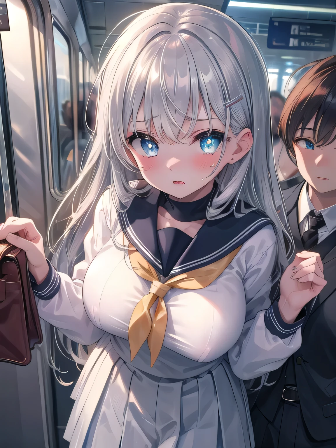 (8K, highest quality, masterpiece:1.3)), ultra high quality, (one girl, solo), (color changing eyes, ultra detailed, expressive glow, sparkling eyes), highly detailed eyes, highly detailed face, random hair, (hair color: silver), (troubled face:1.3), breath, white skin, hair clip, crowded train, (passengers groping breasts), (breasts being touched), molester, standing, angle from above, crowd, sailor uniform, crowd, crowded,