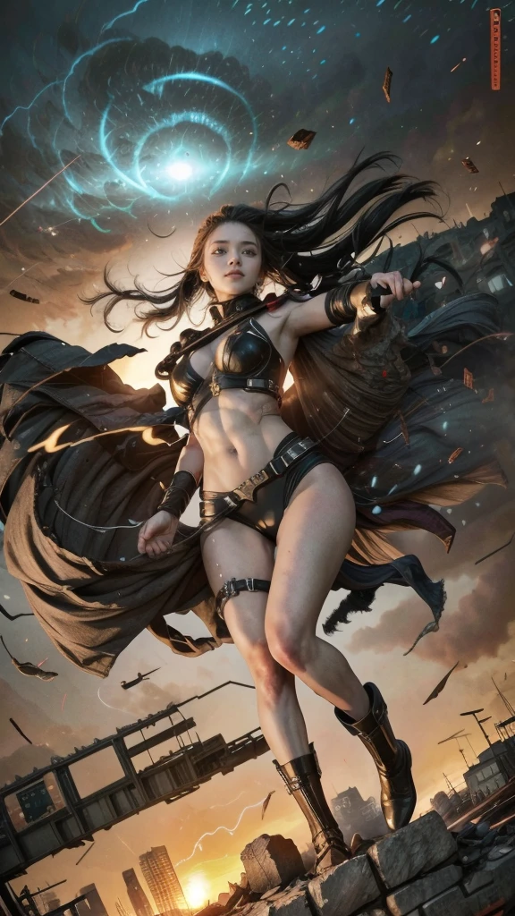 (Giantess element, high resolution, high quality, accurate body structure, detailed body), focus on girl,
BREAK,
Sexy, combat uniform, girl, looking up at approaching woman from below, cute, (girl destroying town with magic: 1.2), mischievous expression, white skin, smiling, trampling, walking, anatomically correct, accurate human body, accurate skeleton, full body portrait, shock wave from girl's hand, magic shock wave,
BREAK,
Destroying town, rubble, burning town, destroyed building, collapsed highway, car being crushed, evacuation of residents, sunset, burning town, rubble scattered at feet, increasing destructive elements, lightning-like aura, in ruined city,