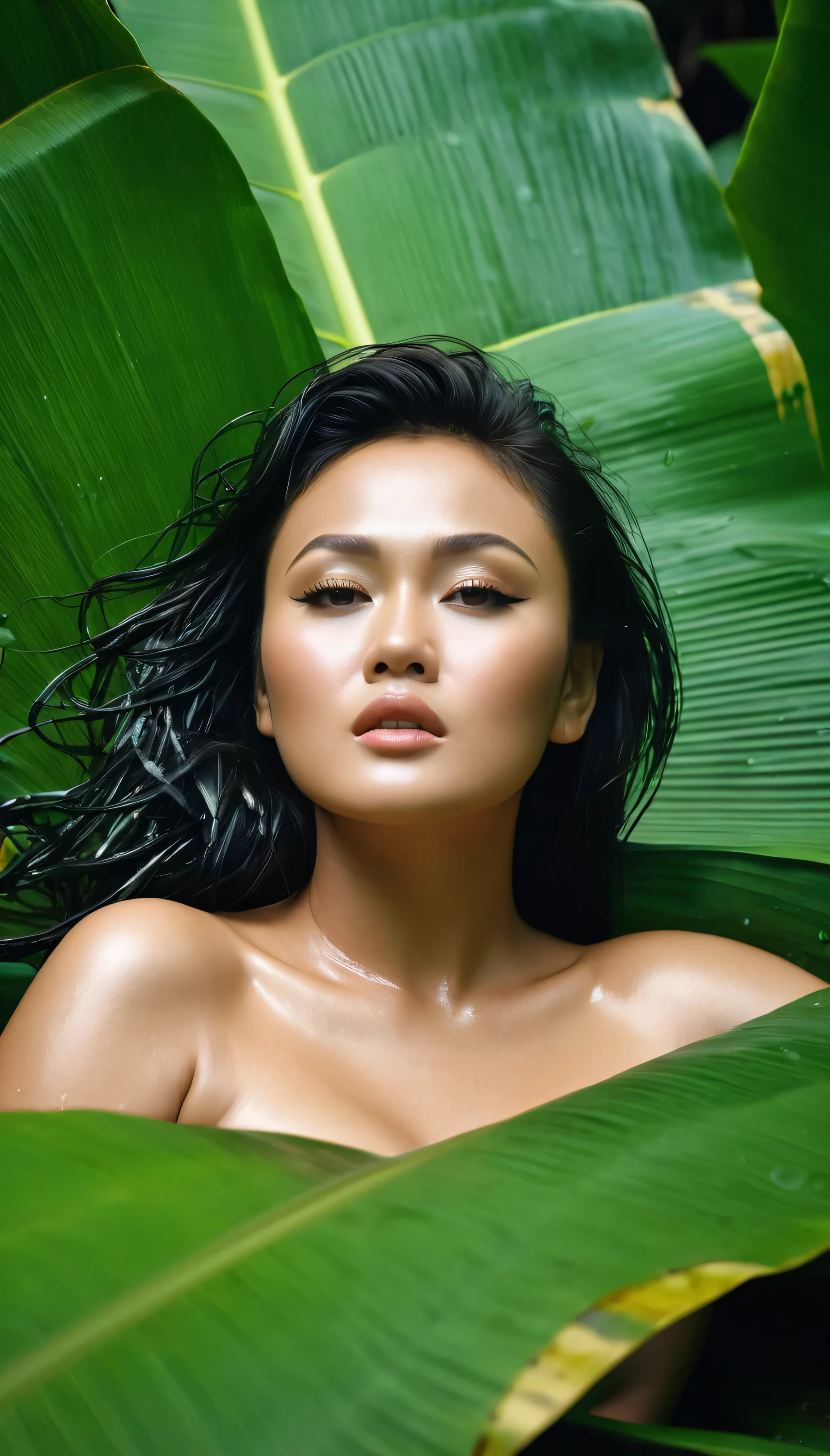 indonesian real model women as agnes monica in real life, laying in banana leaf, bigger chest, big nipple, nude shy reality, ultra graphic, photography, sweet effect, cinematic rainy, banana leaf more liquid white explode splash