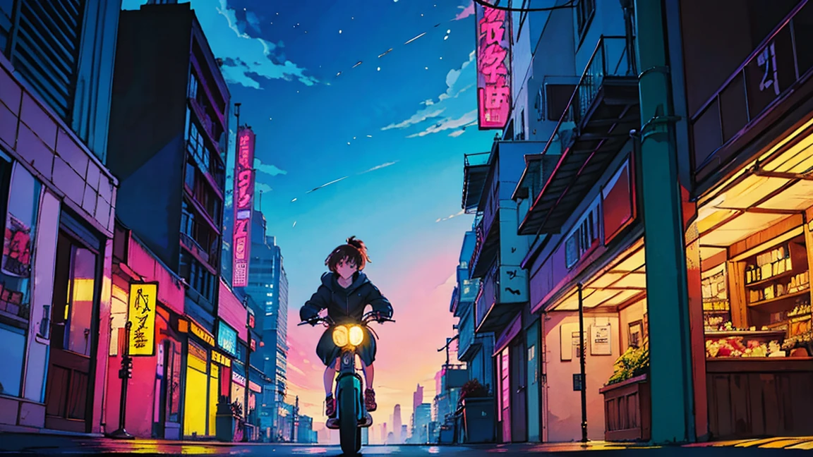 Create a high-quality illustration in the style of 80s anime. The scene is a wide shot of a cute 21-year-old girl with short brown hair, riding a scooter in a vibrant city during the evening. She is wearing a loose hoodie and sneakers. The background shows tall buildings with neon lights, and the sky is transitioning from day to night with a warm glow. The girl has a focused expression, looking ahead. Emphasize the contrast between the vibrant cityscape and the warm, transitioning sky.